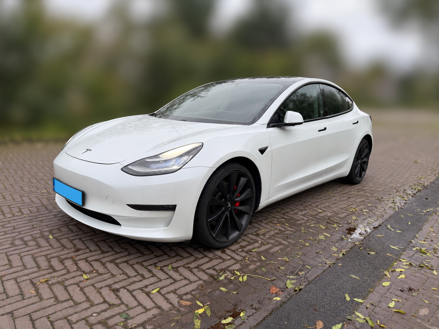 Witte Tesla Model 3 Performance — linksvoor